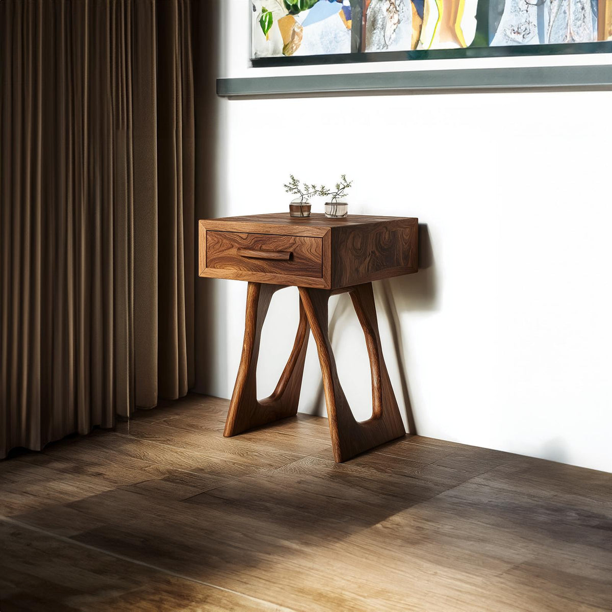 Organic Modern Wood Accent Nightstand, Minimalist Bedside Table with Storage Drawer for Bedroom, Model