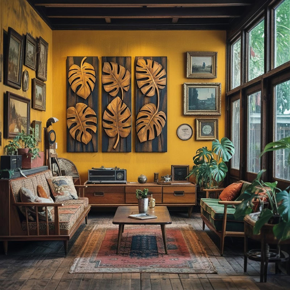Tropical Monstera Carved Solid Wood Wall Art Panel Set Interior Decor