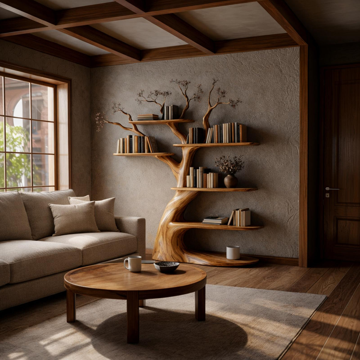 Artisan Tree Inspired Wood Bookshelf, Handcrafted Floating Branch Wall Mounted Bookcase Storage for Home Office