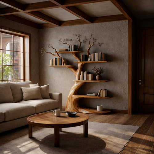 Artisan Tree Inspired Wood Bookshelf, Handcrafted Floating Branch Wall Mounted Bookcase Storage for Home Office
