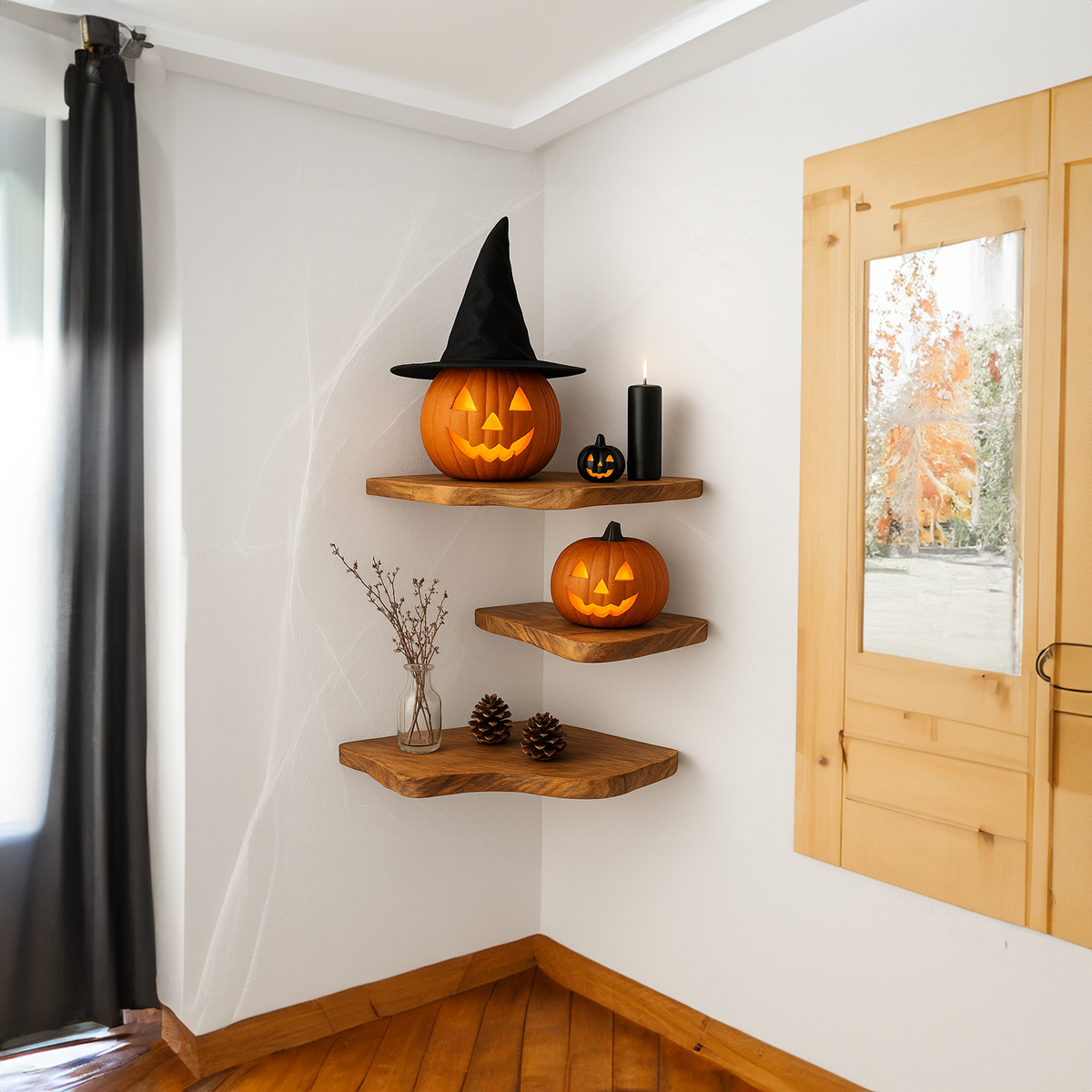 Rustic Tree-Shaped Wooden Floating Shelf, Wall-Mounted Branch Bookshelf, Gothic Halloween Living Room Accent