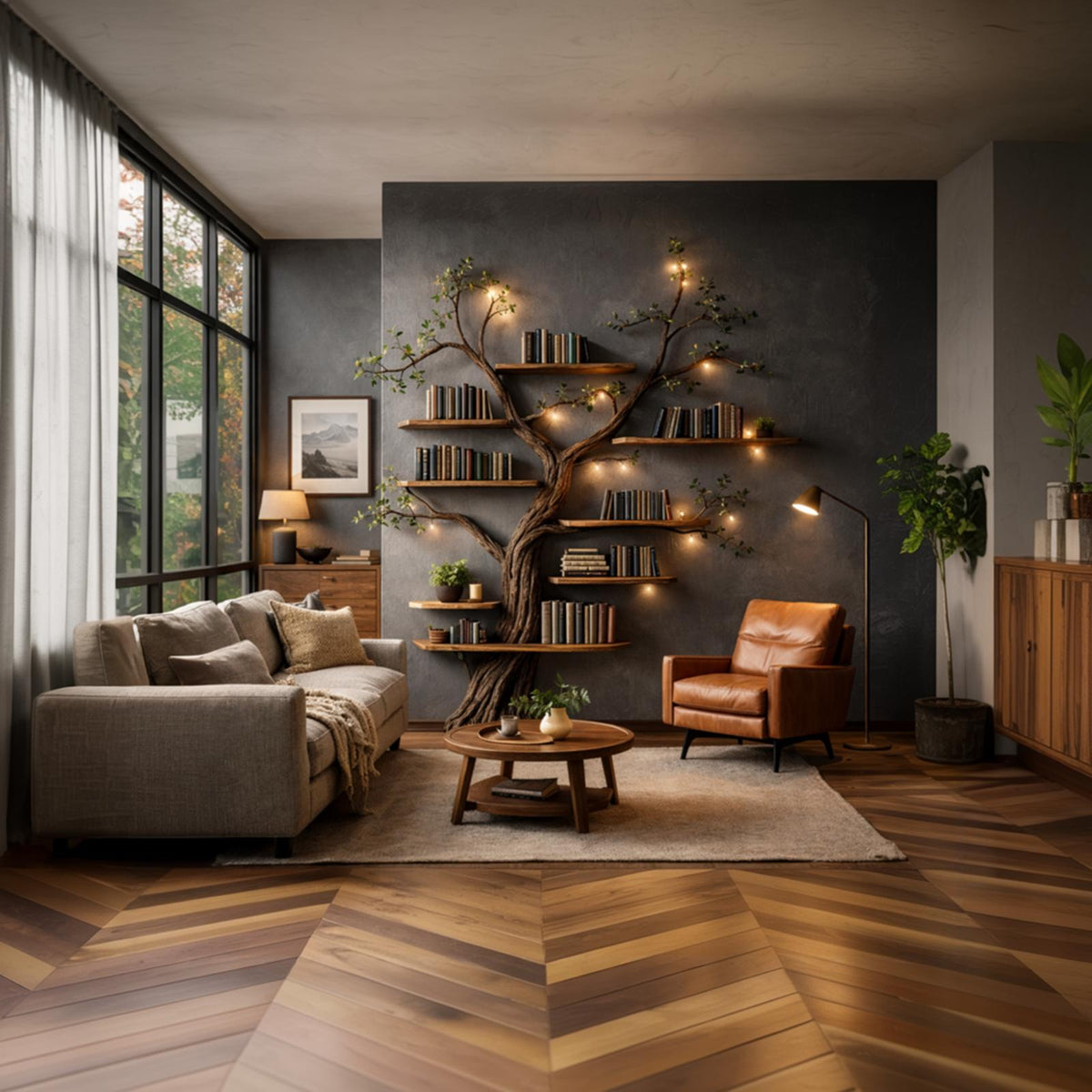 Rustic Sculptural Tree Bookshelf Handcrafted For Living Room