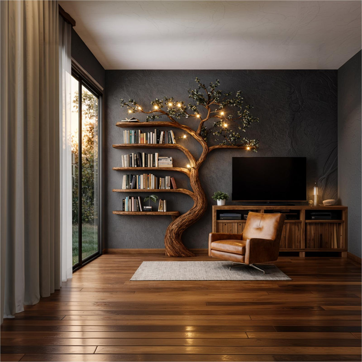 Rustic Hand Carved Tree Bookshelf Artistic Storage For Living Room