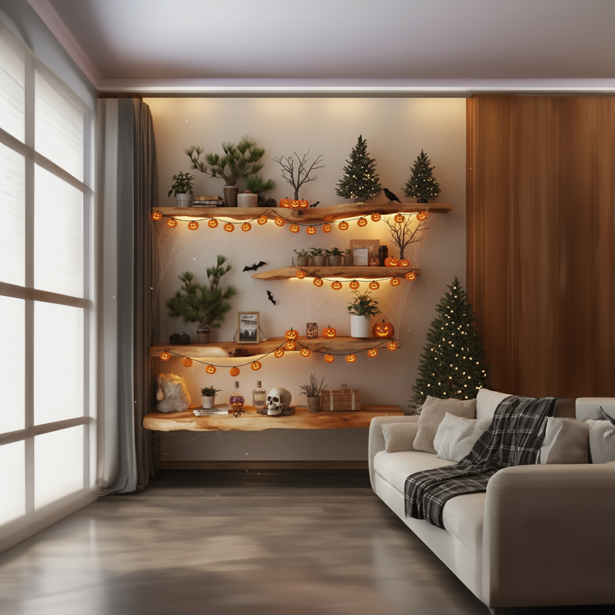 Rustic Floating Wall Shelves, Tree Branch Wooden Hanging Display Shelves, Gothic Spooky Living Room Decor
