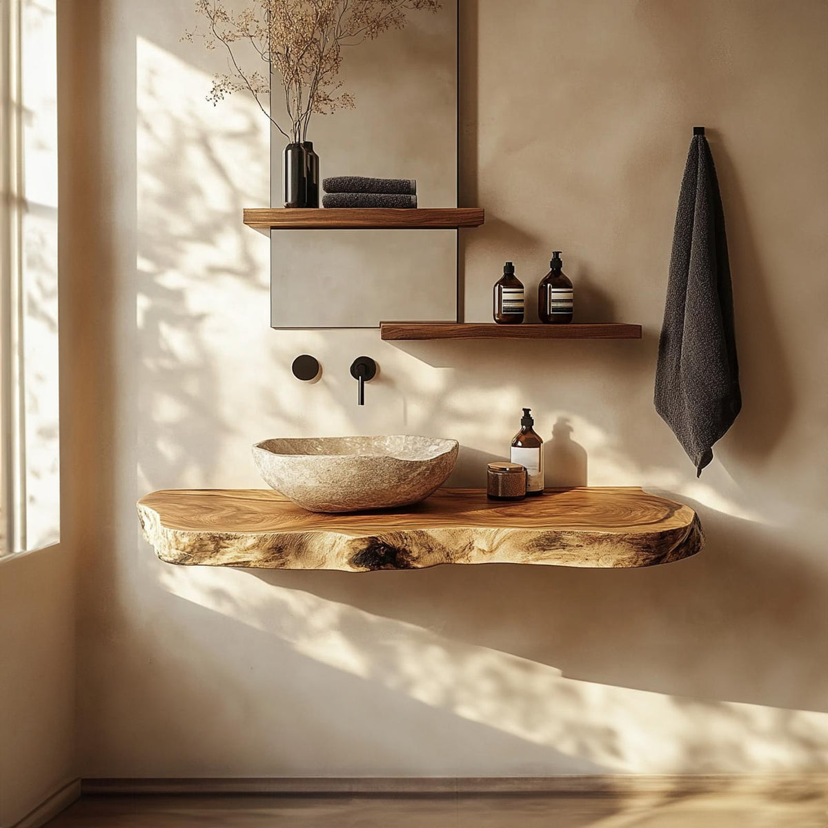 Spry Interior Floating Bathroom Vanity Shelf, Rustic Natural Solid Wood Single Washstand, Wall Mounted Farmhouse Bathroom Storage SINLKIBRV214