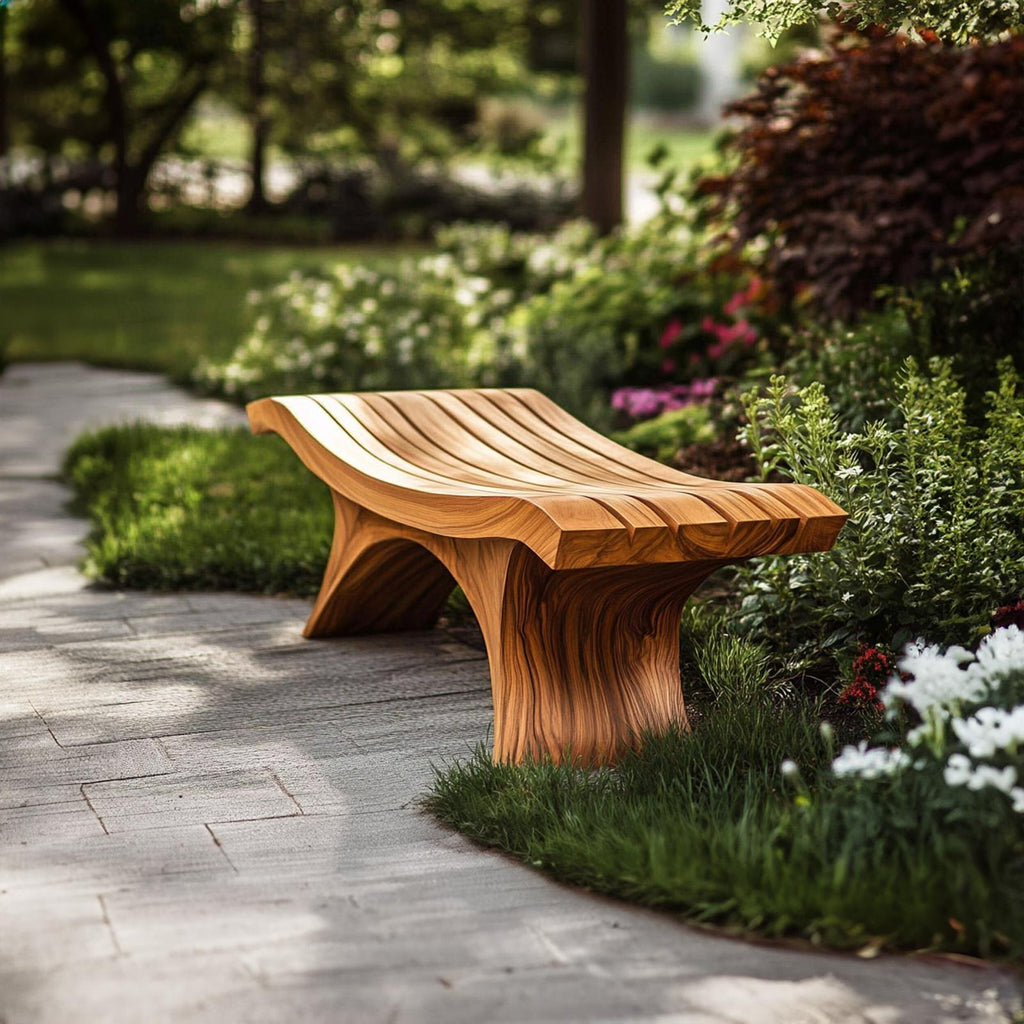 Sculptural Modern Outdoor Wood Bench Garden Patio