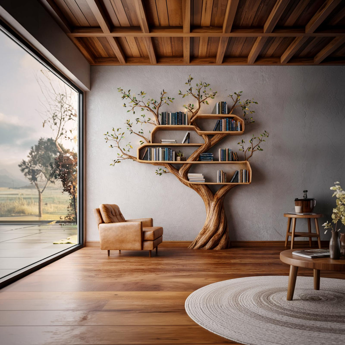 Modern Organic Tree Bookshelf, Handcrafted Solid Wood Contemporary Sculptural Floating Wall Bookcase Storage