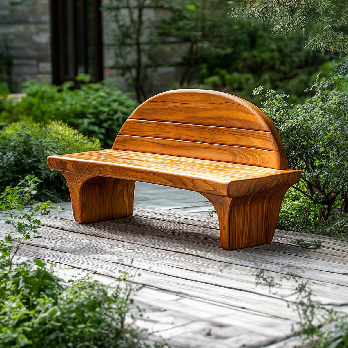 Sculptural Modern Artistic Wood Bench, Outdoor & Indoor Solid Wood Patio Seating, Handcrafted Garden Accent Bench