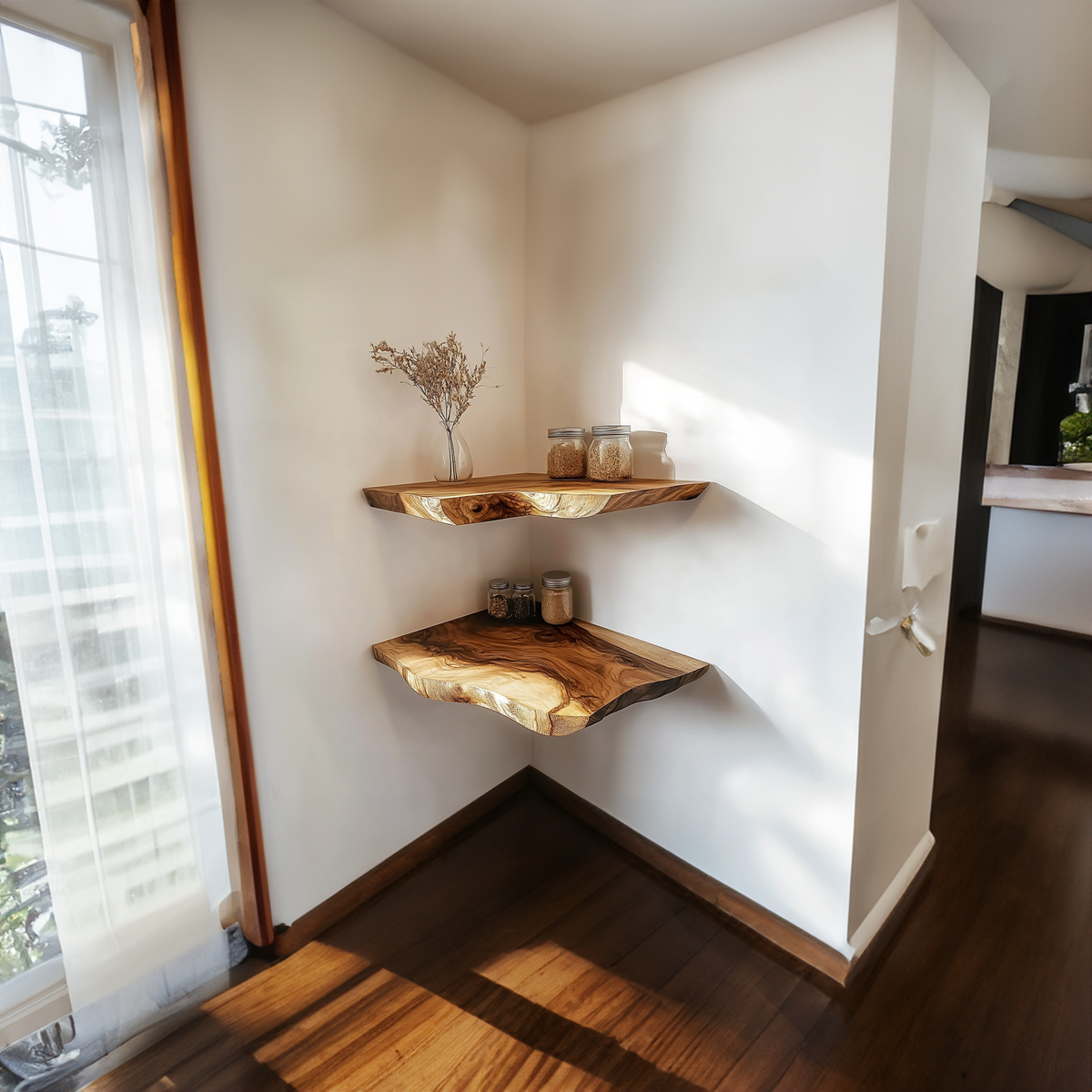 Rustic Live Edge Wood Corner Wall Shelf, Space-Saving Floating Kitchen Storage Rack & Dining Room Decor Display Ledge