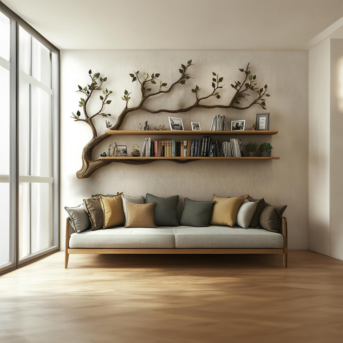 Rustic Tree Branch Wall Shelf, Handcrafted Solid Wood Decorative Book Display Rack for Living Room