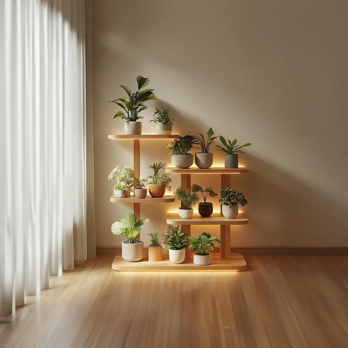 Mid-Century Modern Plant Display Stand, Solid Wood Indoor Flower Pot Holder, Tiered Wooden Plant Racks for Patio