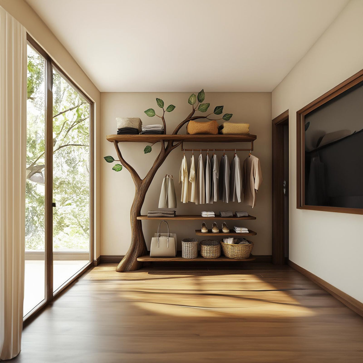 Rustic Solid Wood Tree Clothing Rack Artistic Bedroom