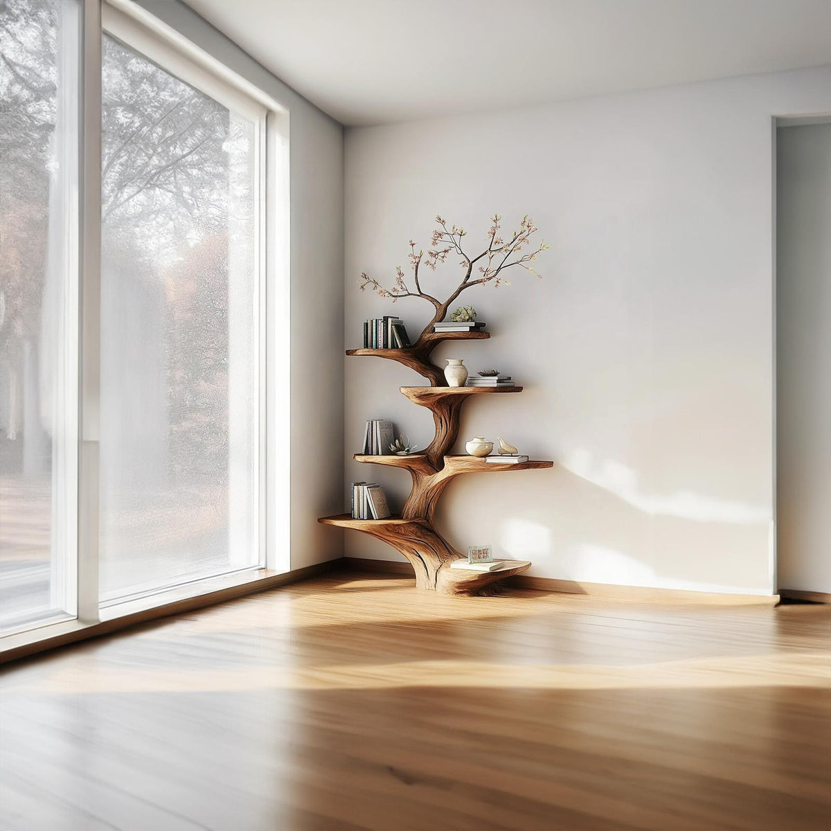 Rustic Statement Tree Shaped Shelf, Handcrafted Wood Branch Bookshelf & Artistic Wall Display for Living Room