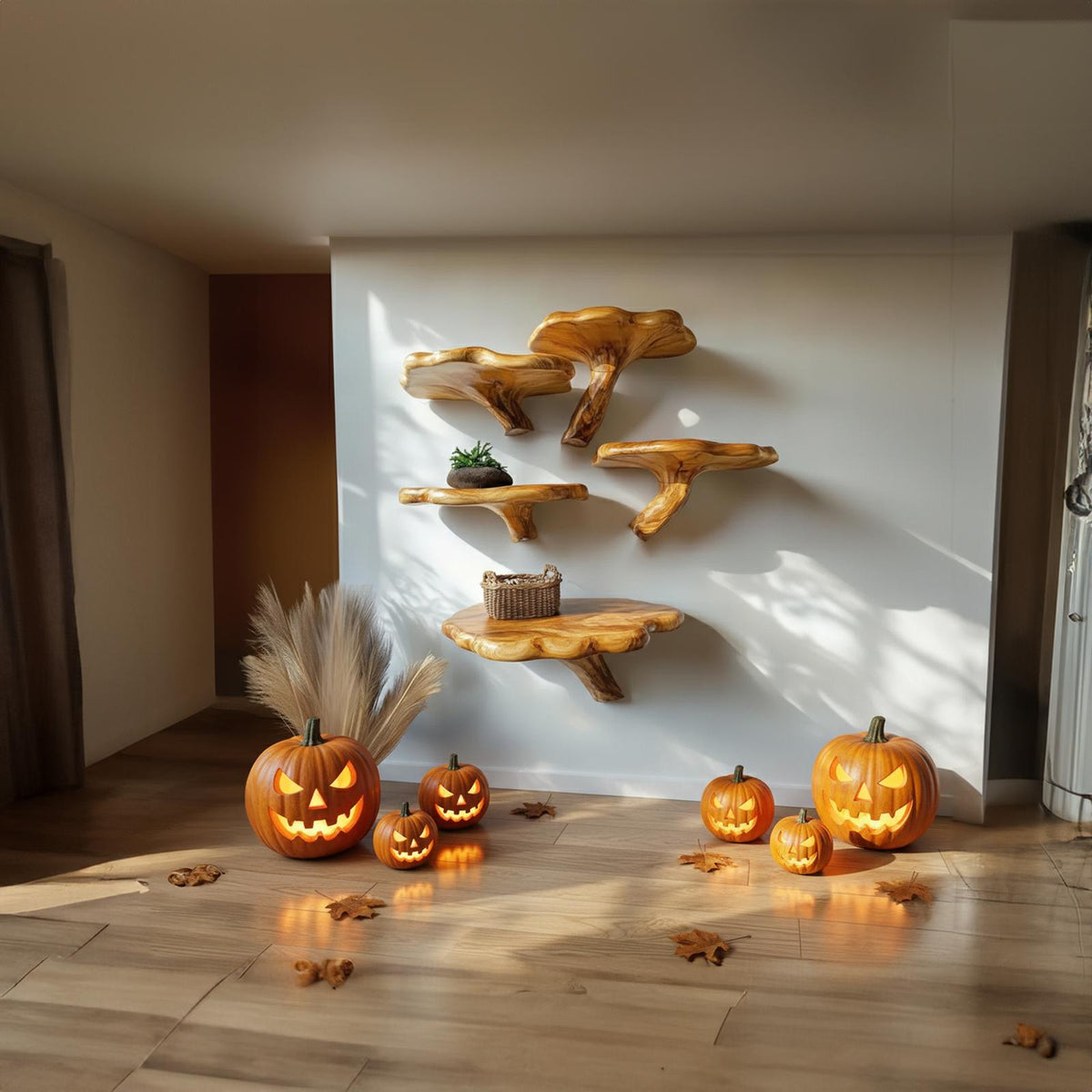 Mid-Century Modern Halloween Floating Shelf, Rustic Wooden Tree Branch Wall Shelf, Spooky Gothic Home Decoration