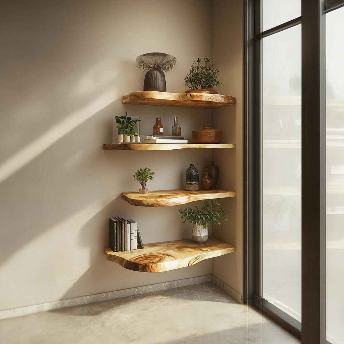 Rustic Live Edge Solid Wood Floating Display Shelf, Wall Mounted Decorative Organizer for Dining Room, Office, Living Room