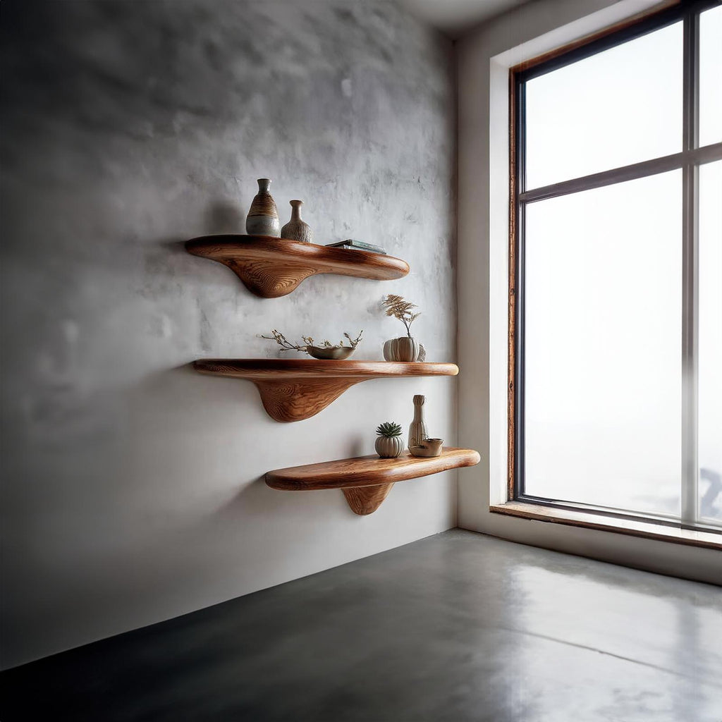 Rustic Mushroom Floating Shelves Bedroom