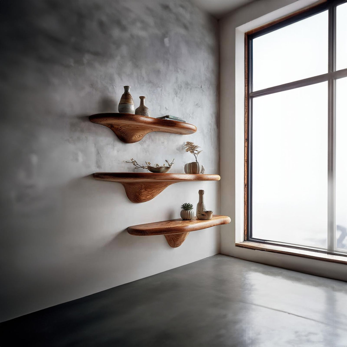 Rustic Mushroom Floating Shelves Bedroom