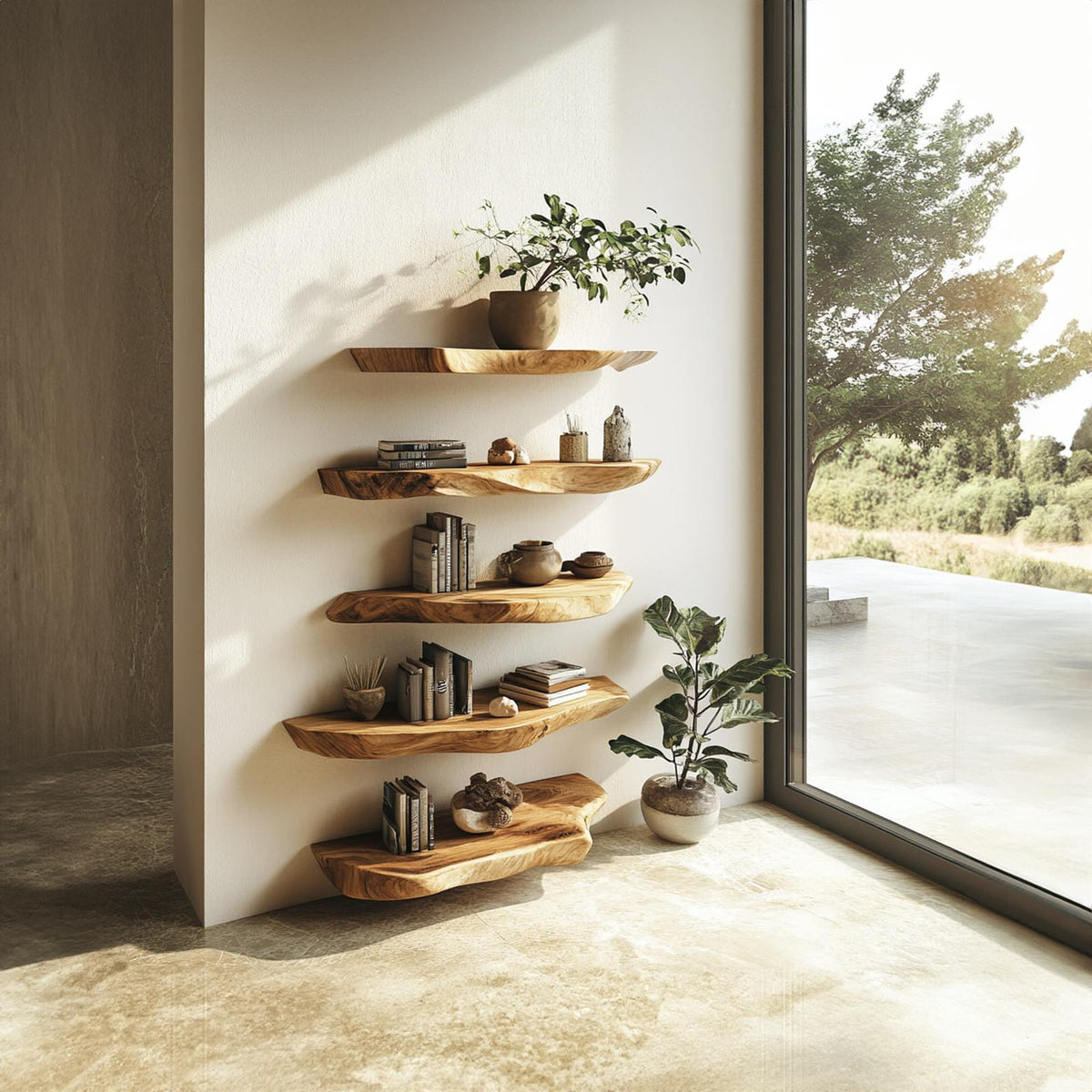 Rustic Live Edge Wood Floating Shelf, Wall Mounted Kitchen Spice Rack & Living Room Storage Organizer with Natural Edge