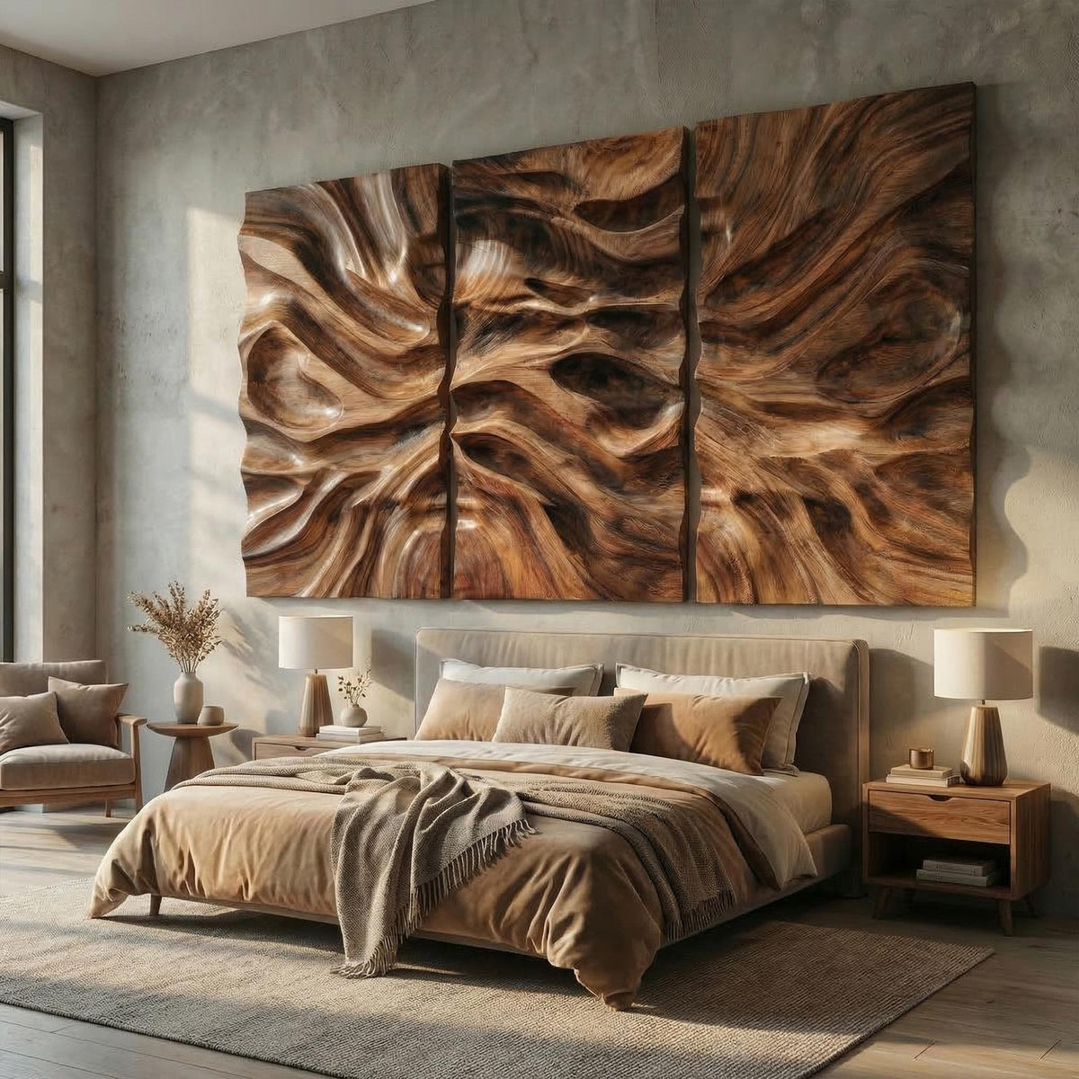 Modern Carved Wall Art, Handcrafted Textured Wooden Panel Hanging Decor for Living Room & Bedroom