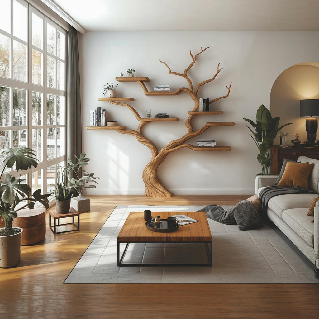 Rustic Wood Tree Bookcase, Handcrafted Floating Branch Wall Mounted Bookcase Display Shelf for Living Room Decor