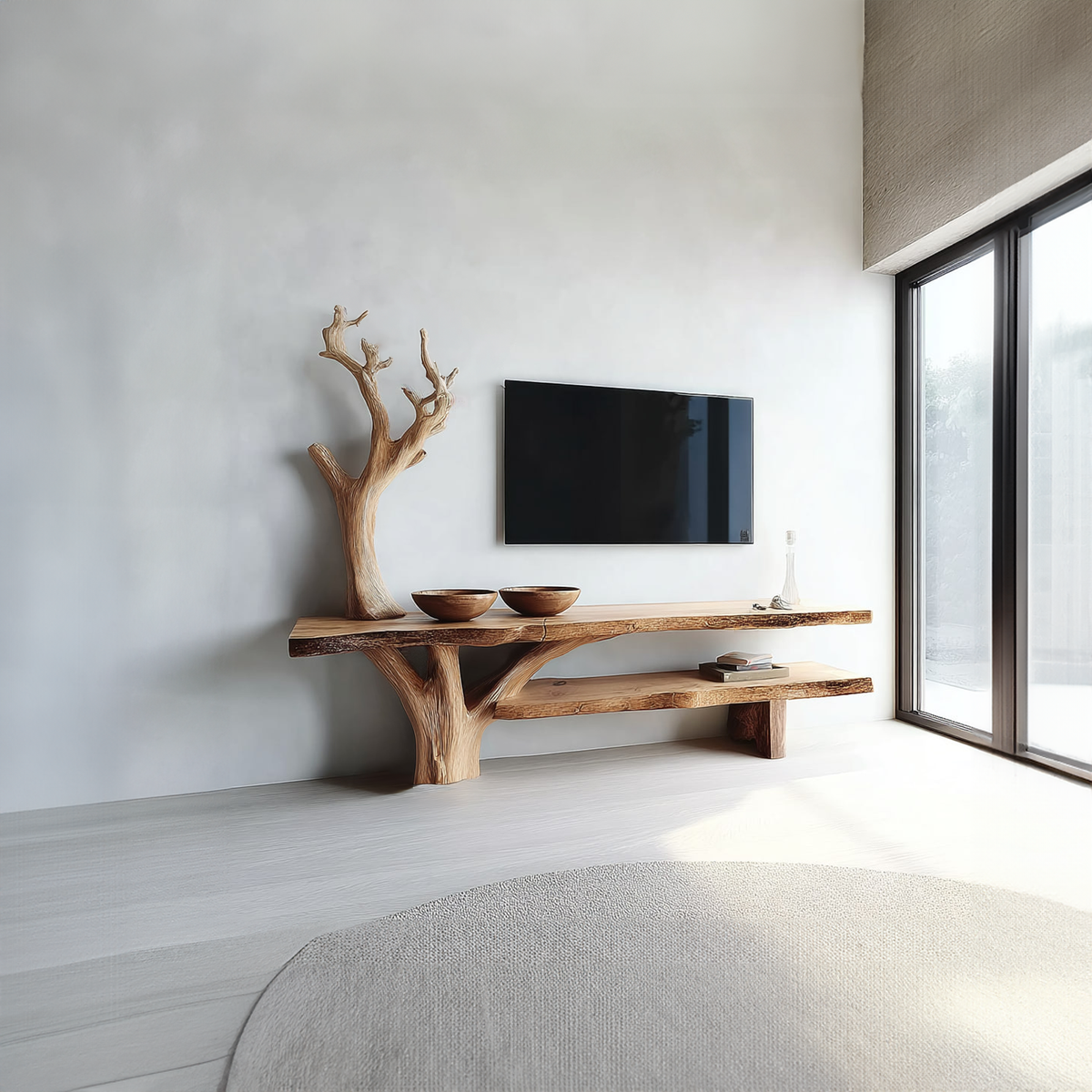 Rustic TV Console Table, Sculpted Solid Wood Base Media Stand, Handcrafted Credenza for Living Room