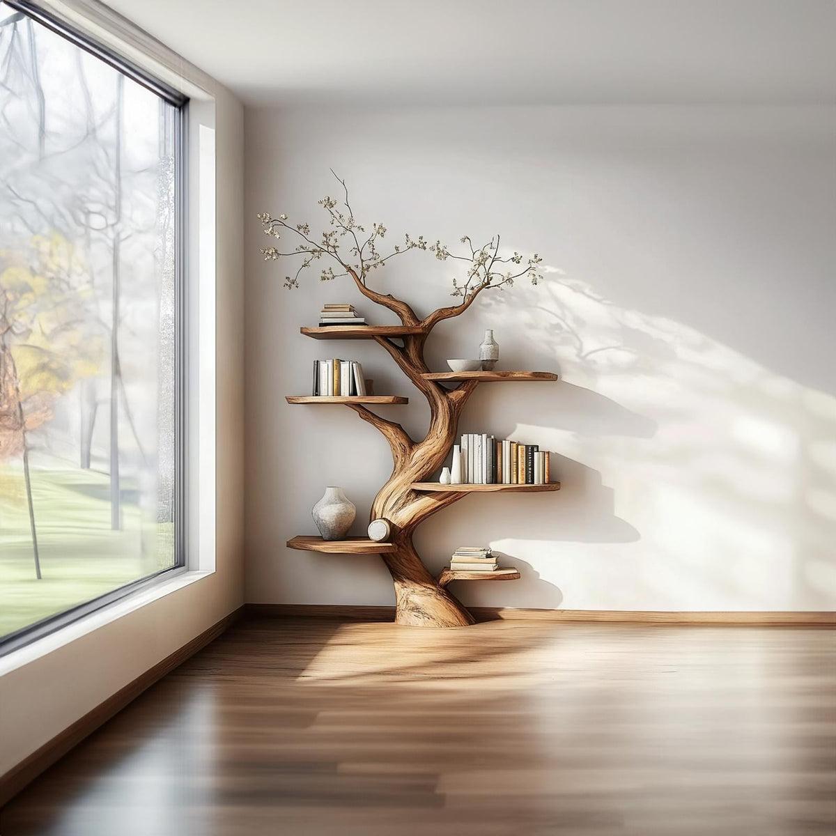 Rustic Artistic Tree Shaped Wooden Bookshelf, Handcrafted Branch Bookcase Organizer for Bedroom, Living Room