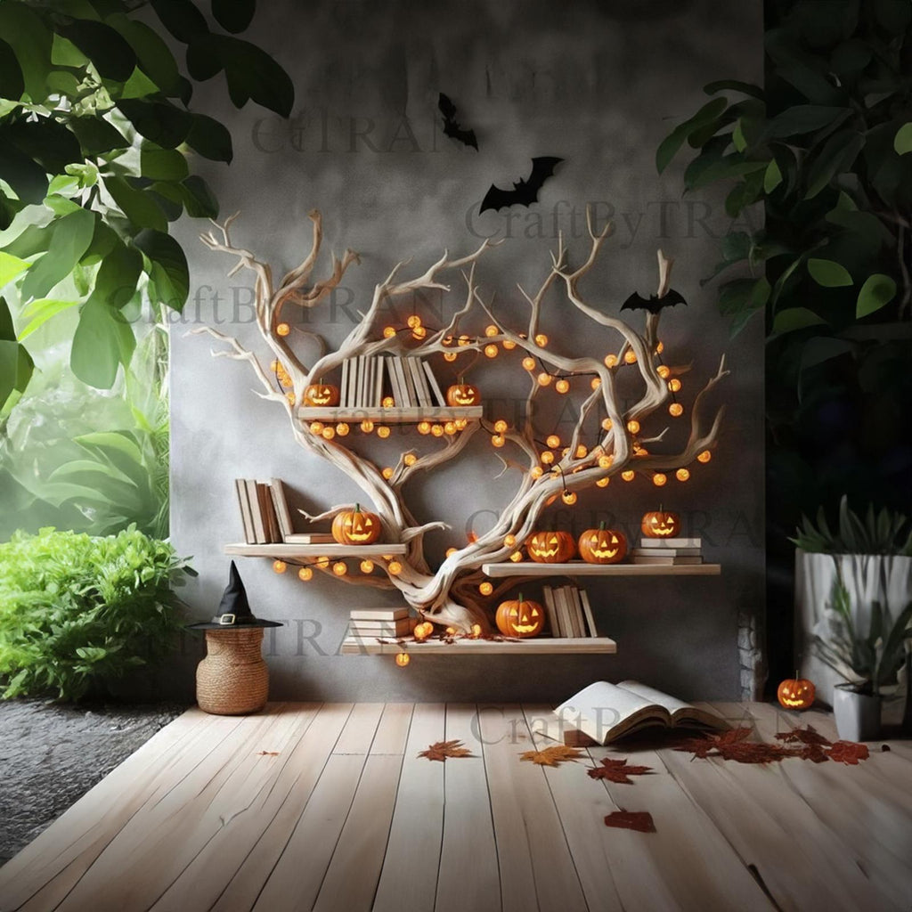 Rustic Tree Branch Bookshelf, Wall-Mounted Wooden Floating Shelf, Spooky Halloween & Gothic Wall Display