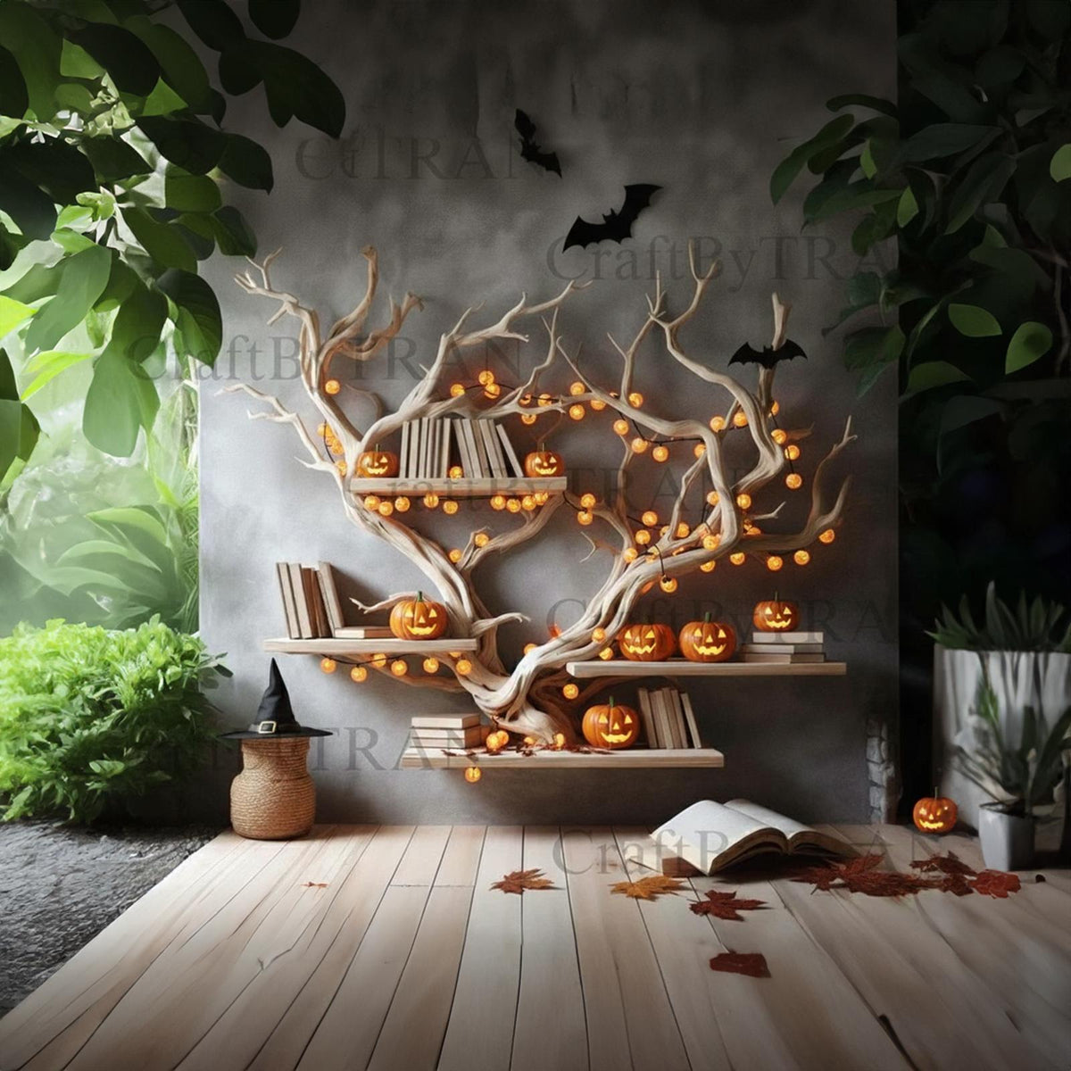 Rustic Tree Branch Bookshelf, Wall-Mounted Wooden Floating Shelf, Spooky Halloween & Gothic Wall Display