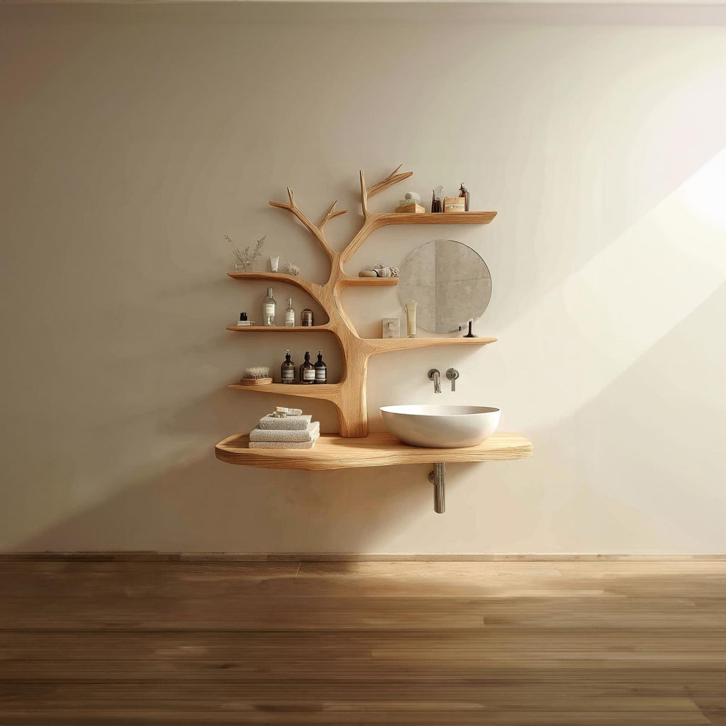 Rustic Nature Inspired Wooden Bathroom Vanity, Live Edge Solid Wood Floating Sink Stand Console, Model