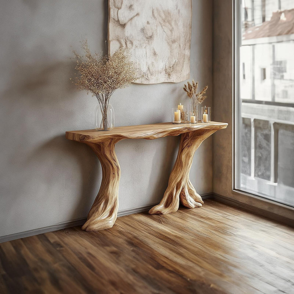 Organic Tree Root Console Table, Solid Wood Live Edge Entryway Table, Rustic Accent Table for Living Room