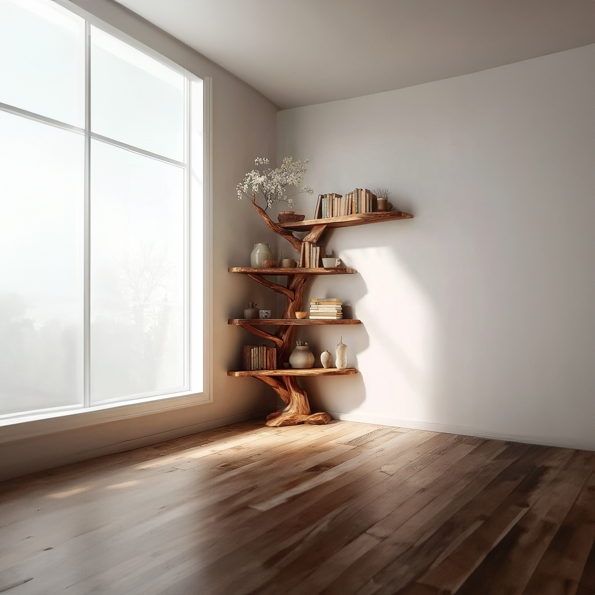 Spry Interior Handcrafted Rustic Corner Floating Shelf, Wooden Branch Storage Organizer & Artistic Wall Display for Cozy Living Room SINLKITB471