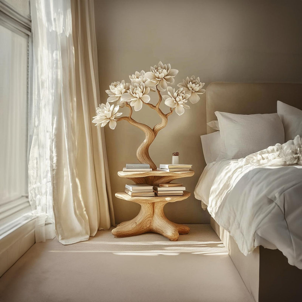 Artistic Rustic Wood Nightstand, Handcrafted Modern Bedside Table & Small Accent End Table for Bedroom Decor