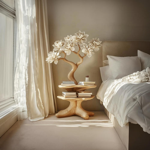 Artistic Rustic Wood Nightstand, Handcrafted Modern Bedside Table & Small Accent End Table for Bedroom Decor