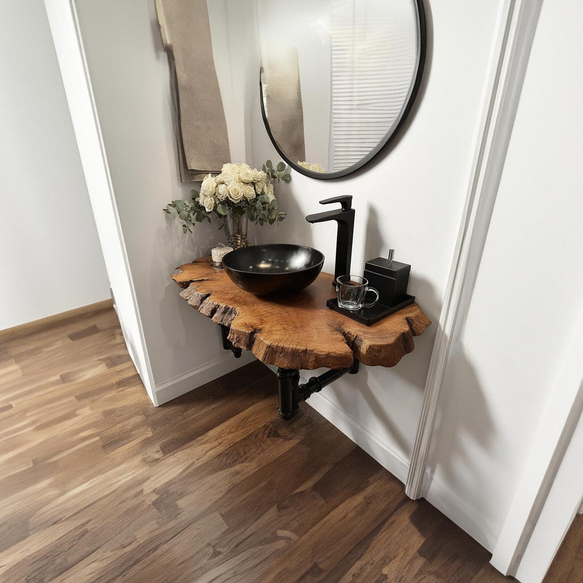 Mid-Century Floating Shelf, Narrow Solid Wood Washroom Vanity, Small Bathroom Single Sink Countertop Shelf