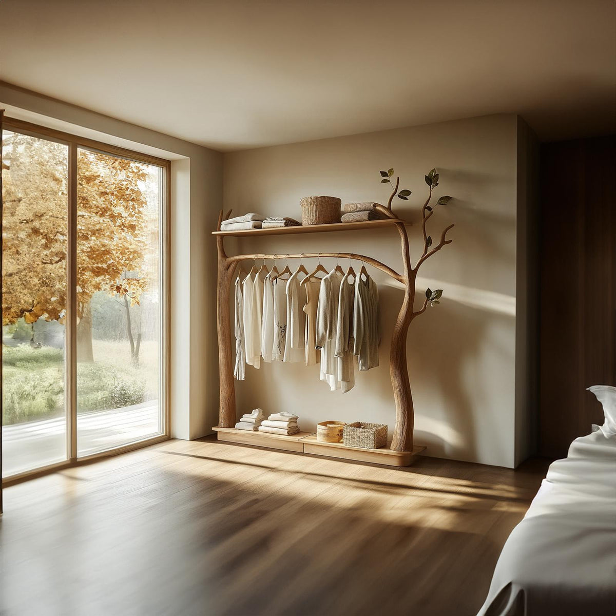 Rustic Tree Clothes Rack Solid Wood Bedroom Organizer