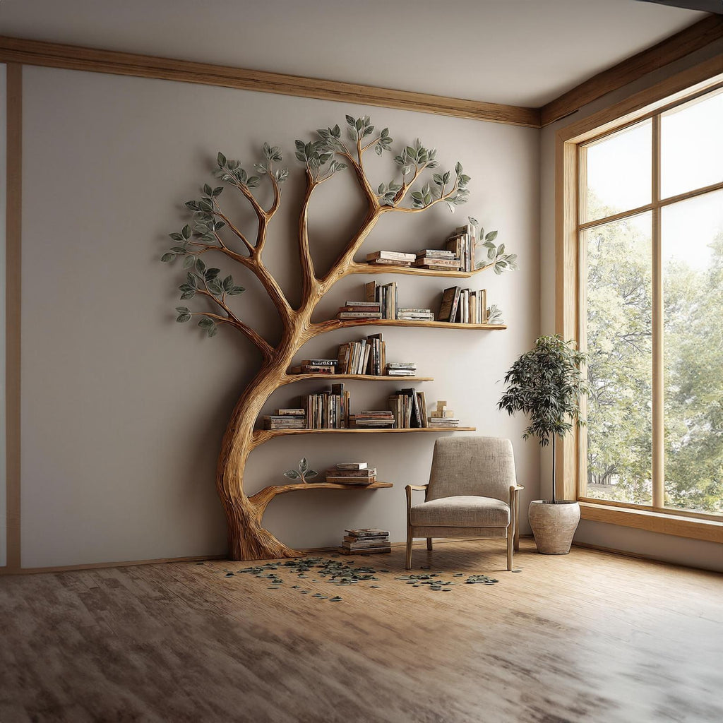 Rustic Branch Bookshelf, Handcrafted Solid Wood Wall Mounted Bookcase & Artistic Storage for Home Library, Living Room