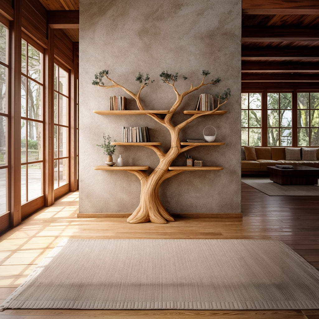 Organic Wood Tree Bookcase, Handcrafted Solid Wood Floating Branch Bookshelf Wall Mounted Display for Living Room