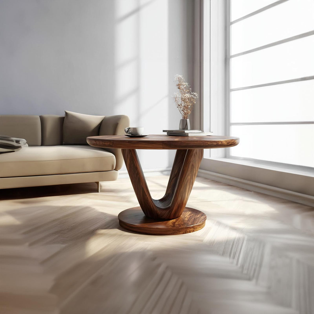 Modern Sculptural V Base Coffee Table, Unique Solid Wood Geometric Art Centerpiece Table for Living Room, Lounge