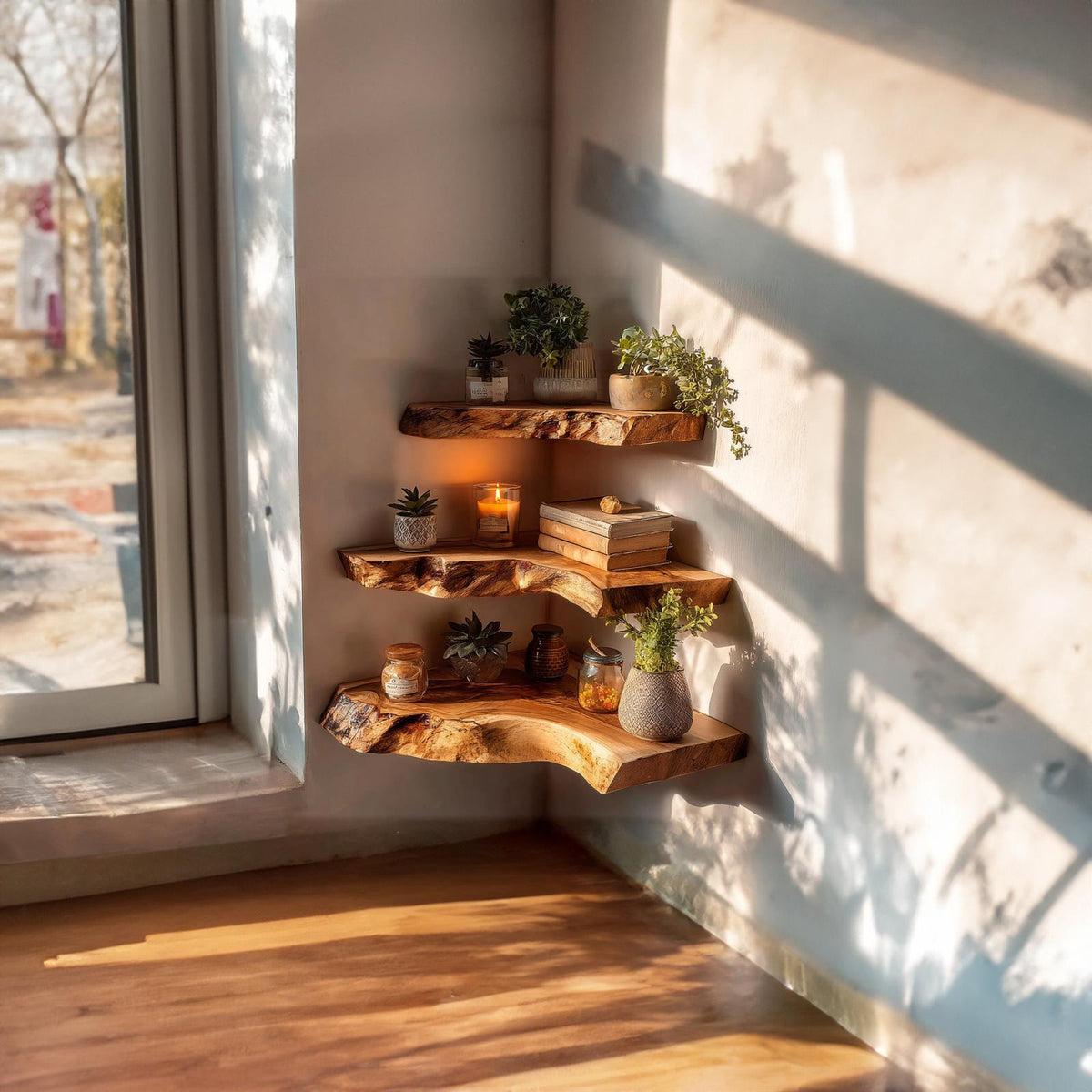 Rustic Live Edge Corner Floating Shelf Handmade for Living Room
