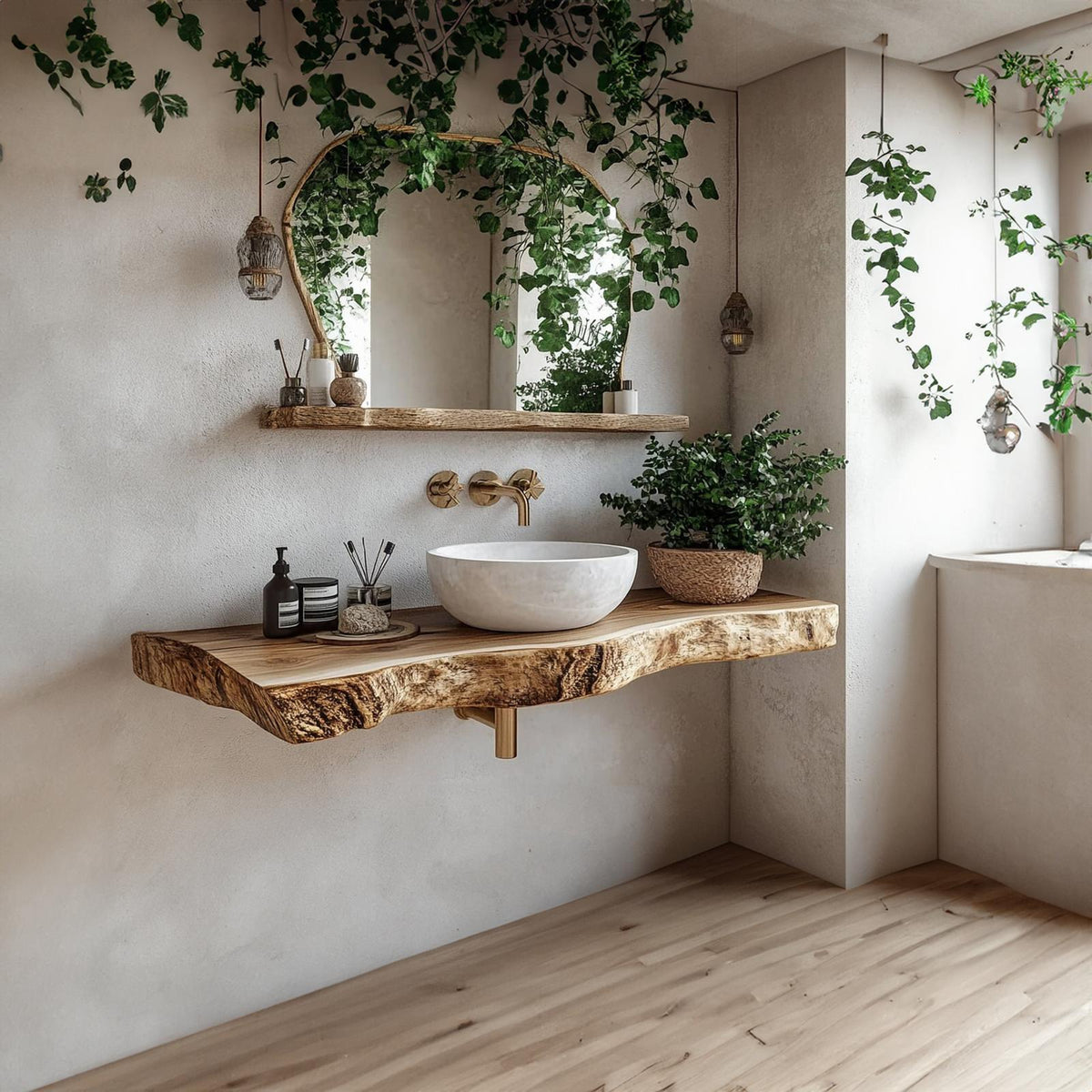 Rustic Floating Shelf Vanity Natural Finish Bathroom