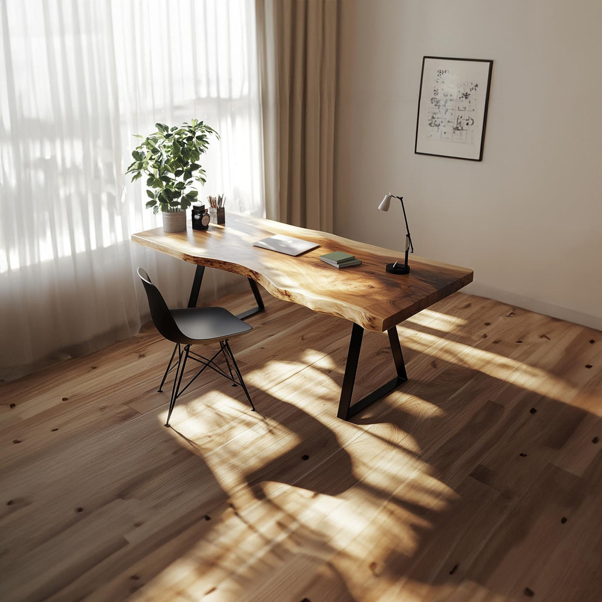 Rustic Live Edge Writing Desk, Solid Natural Wood Computer Table for Home Office, Study & Reading Room Workspace