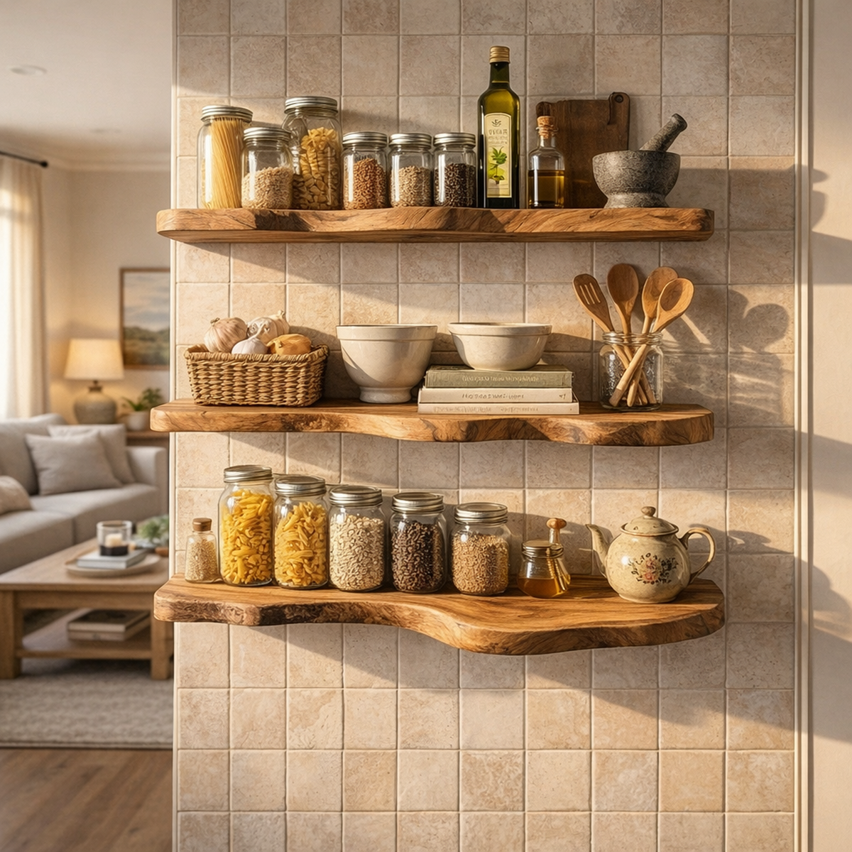Modern Live Edge Floating Wall Shelves, Solid Wood Slab Display Ledges for Rustic Kitchen, Living Room & Bathroom