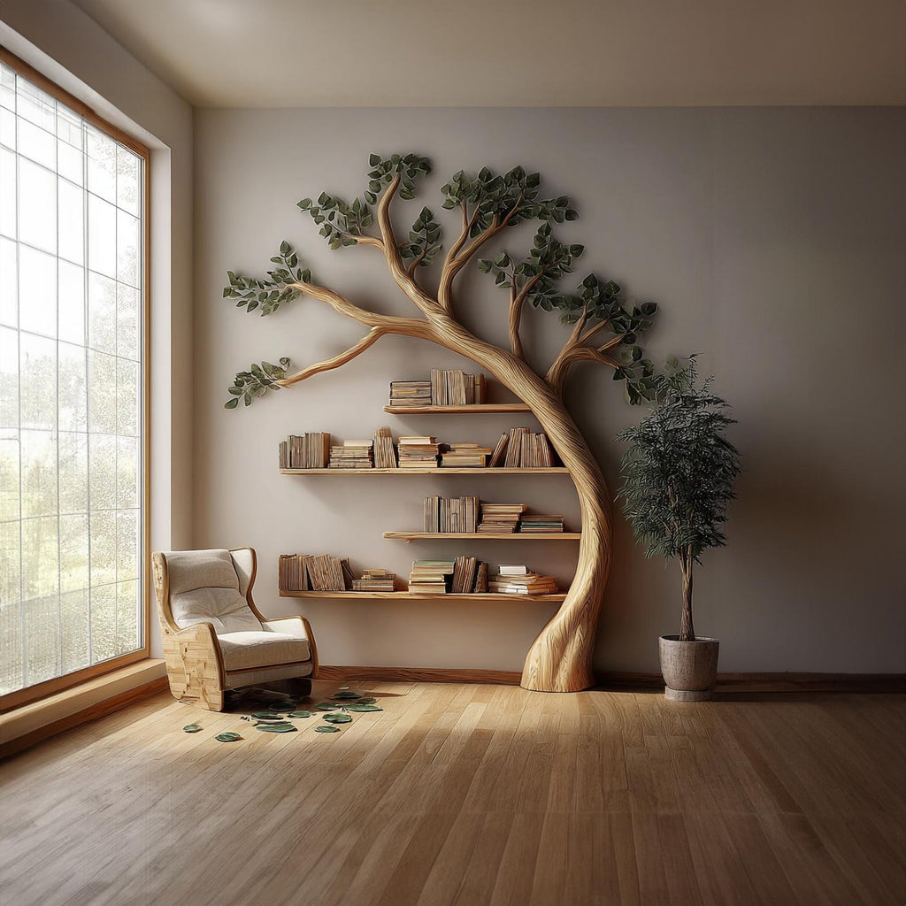 Rustic Branch Bookshelf, Solid Wood Wall Mounted Bookcase & Artistic Hanging Storage Unit for Living Room or Bedroom