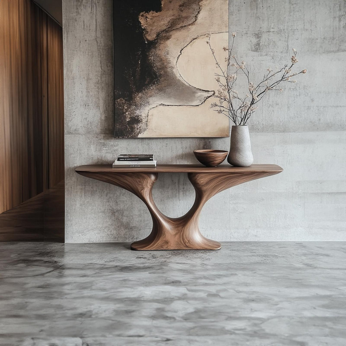 Rustic Entry Table Smooth Sculptural Form Luxury Welcome Area