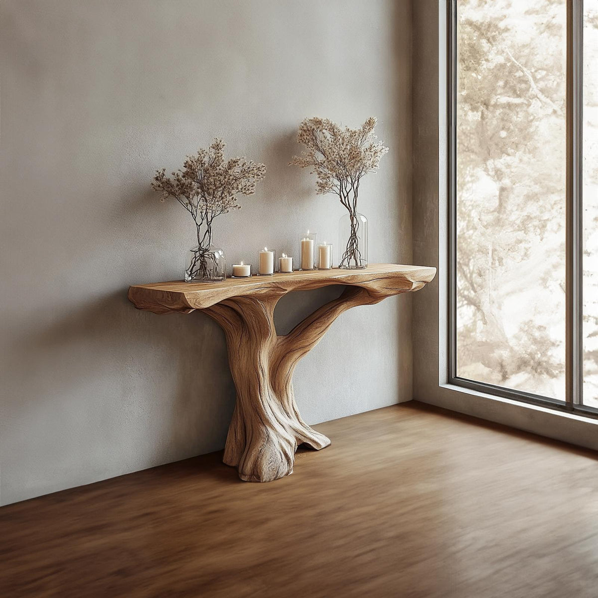 Spry Interior Handmade Tree Base Console Table, Solid Wood Rustic Entryway Sofa Table & Hallway Accent Credenza, SINLKICS353