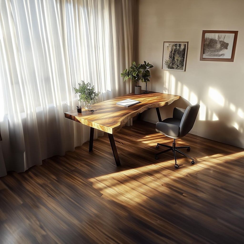 Rustic Live Edge Modern Desk, Solid Wood Computer Writing Table for Living Room & Home Office Study, Steel Legs