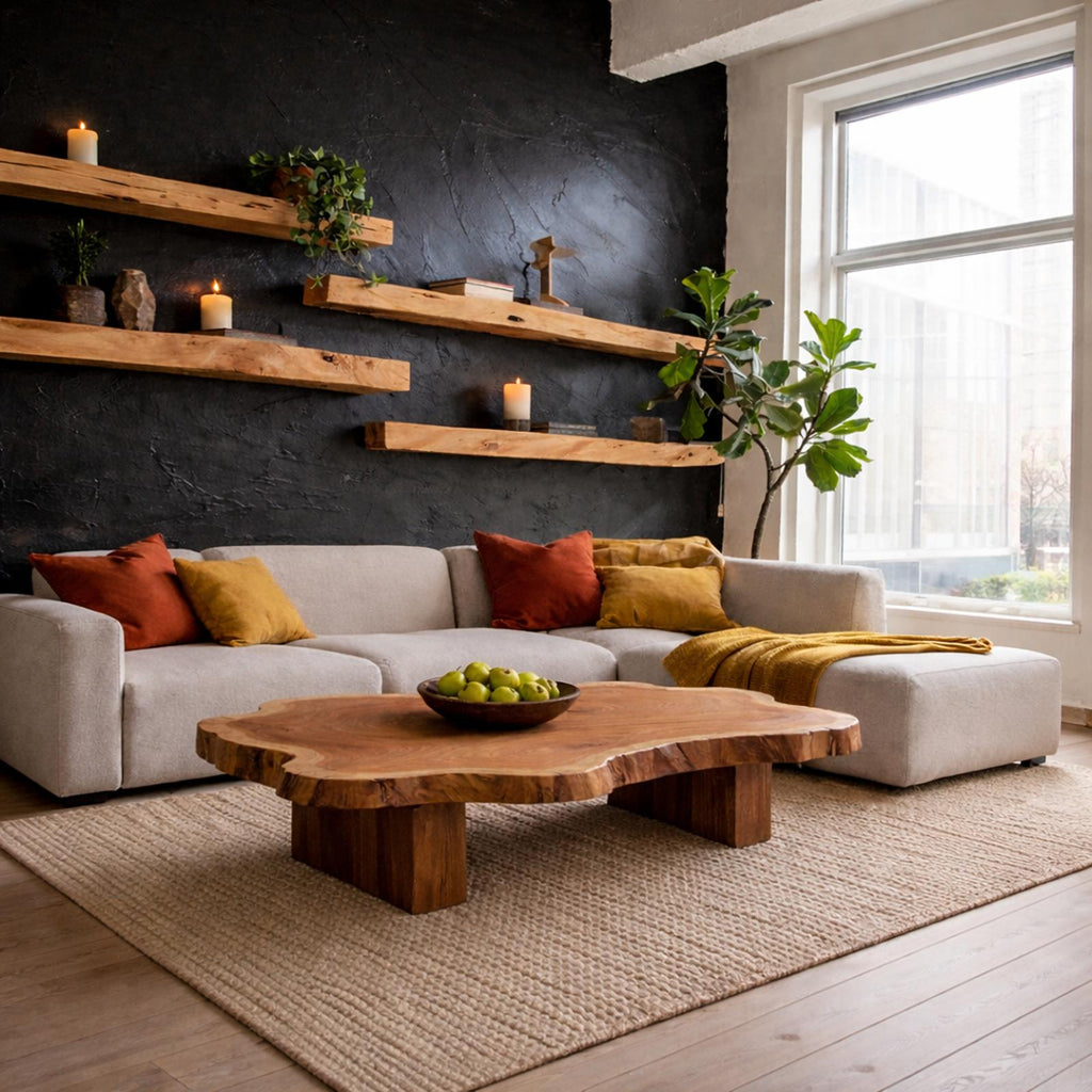 Spry Interior Live Edge Solid Wood Coffee Table, Organic Modern Hardwood Center Table for Rustic Living Room Home Decor, SINLKICF317
