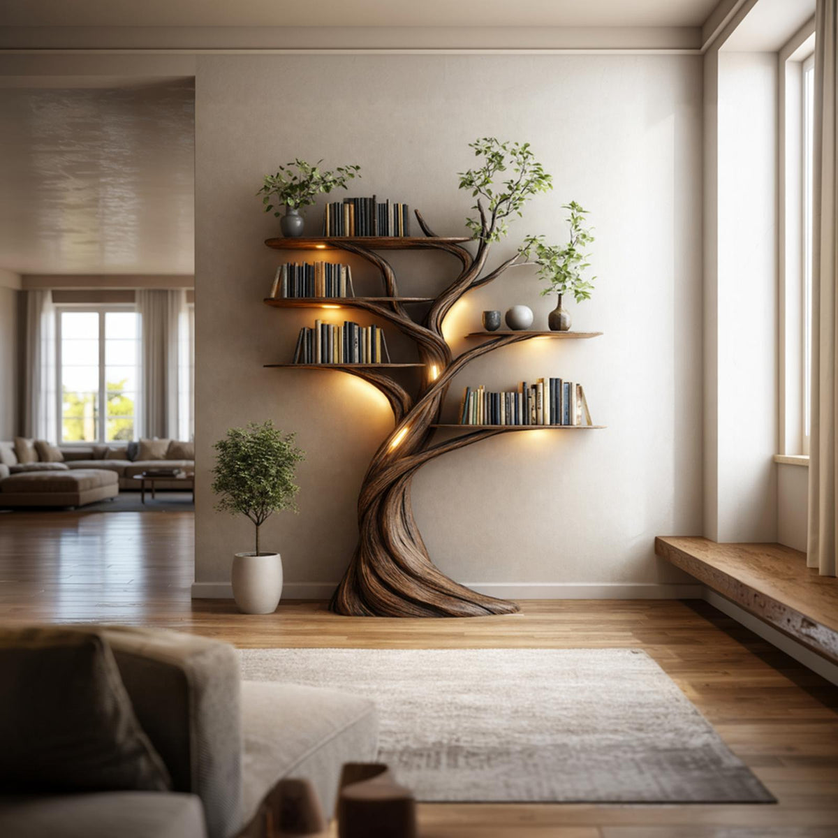 Rustic Tree Bookshelf Contemporary Living Room