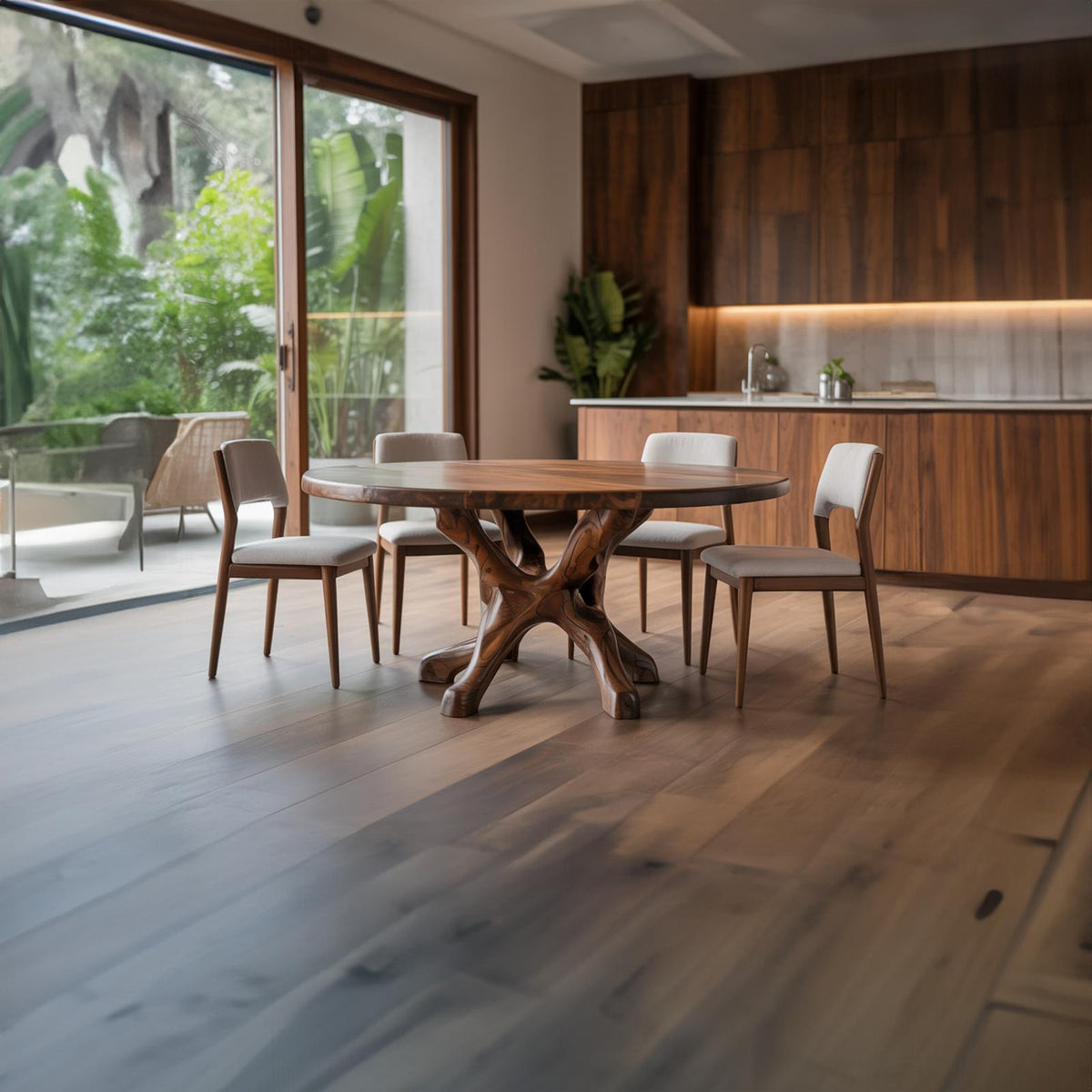 Rustic Live Edge Dining Table with Teak Root Base, Handcrafted Solid Wood Kitchen Table for Dining Room