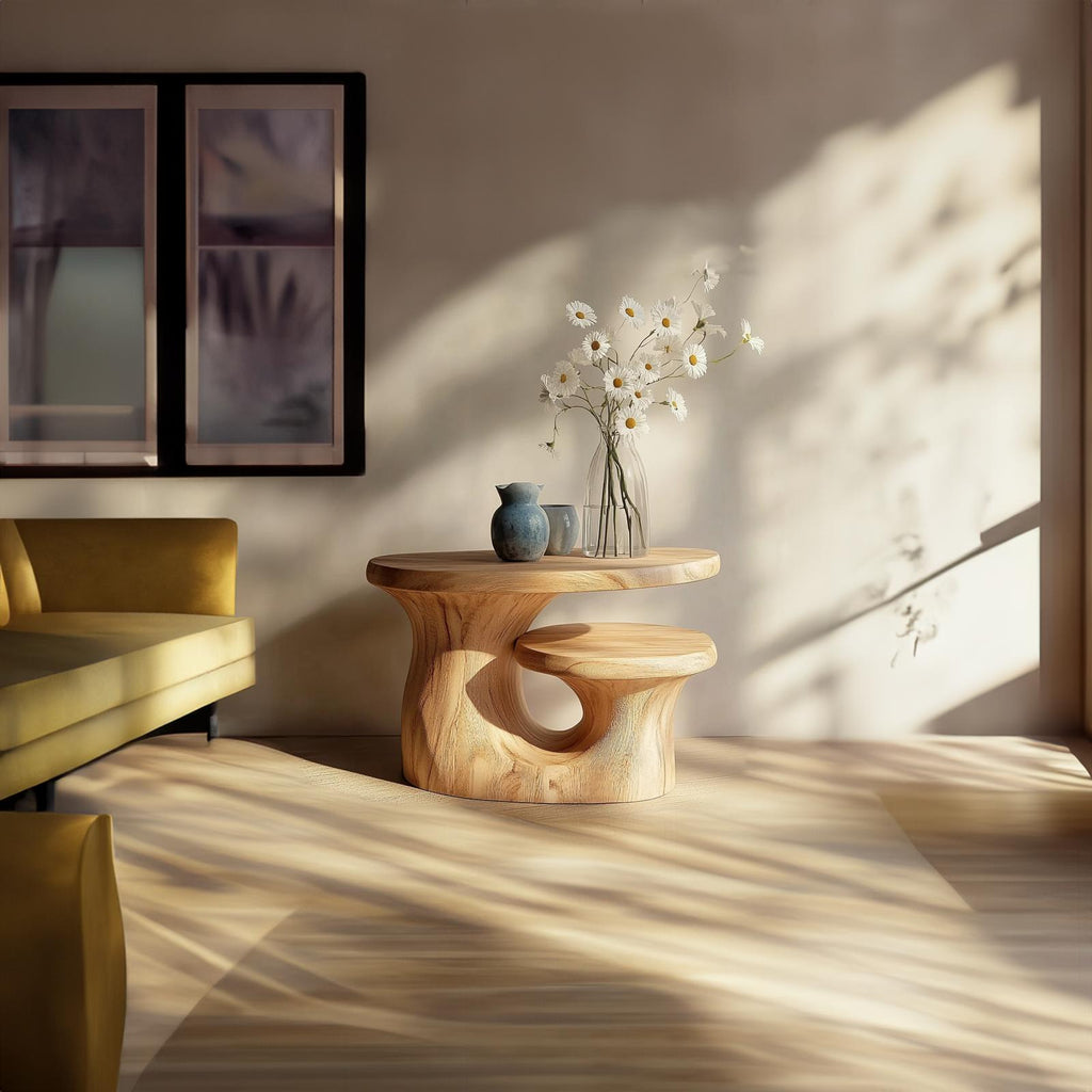 Organic Modern Sculptural Side Table, Solid Wood Pedestal Accent End Table for Living Room, Handmade Bedroom Nightstand